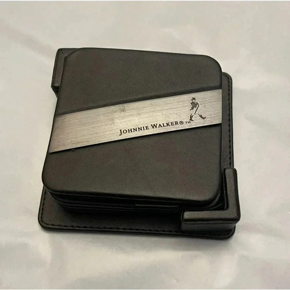 Set of 4 Johnnie Walker Leather Coaster Black Silver Band 10x10 - Picture 6 of 7